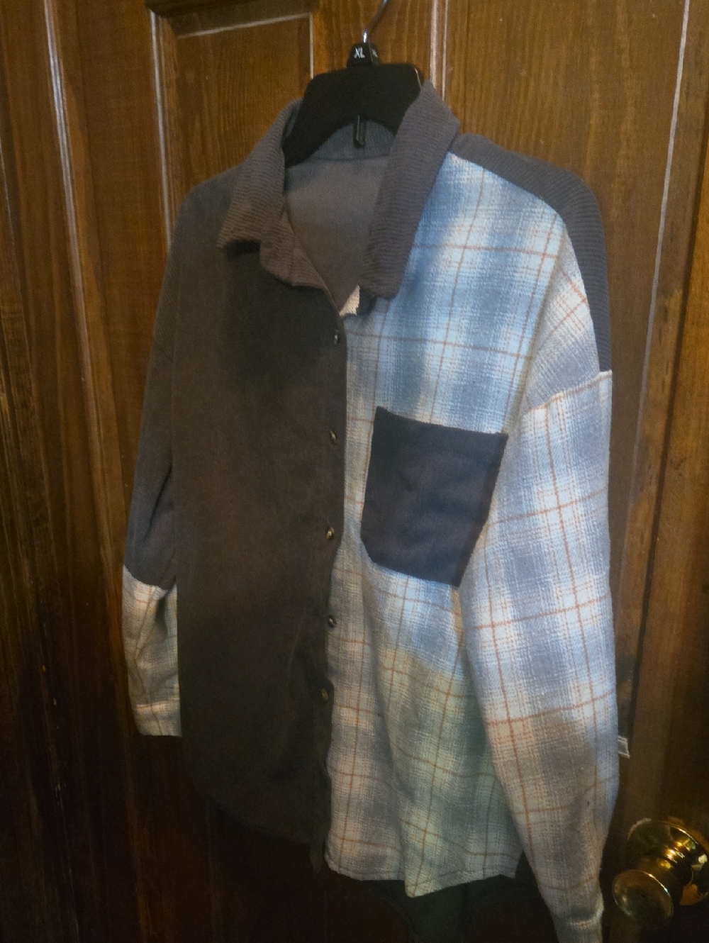 Womens Two-Tone Brown and Light Blue Plaid Button-Up Jacket